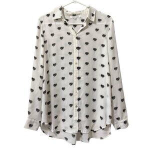 Rose + Olive Women Blouse Button Up Ivory Black Hearts Pleated‎ V-Neck Flowing